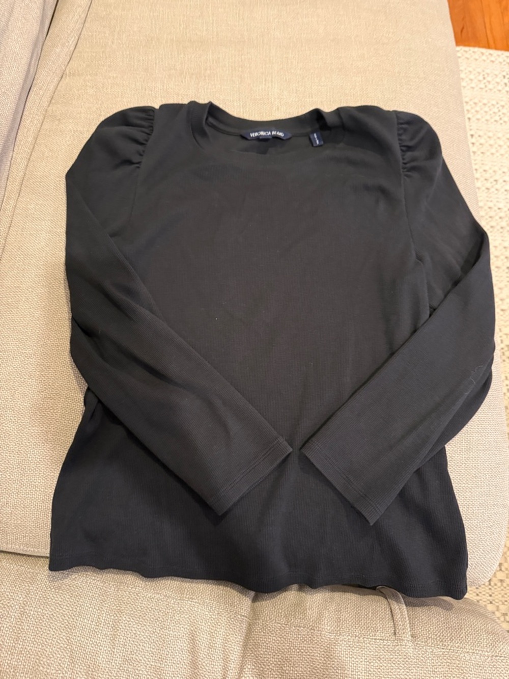 Veronica Beard Black Puff-Shoulder Ribbed Long Sleeve Top
